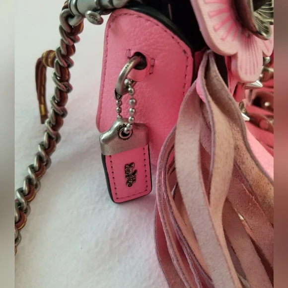 COACH PINK STUDDED WILD TEA ROSE DINKY FRINGE CROSSBODY RARE with COA - Picture 9 of 17